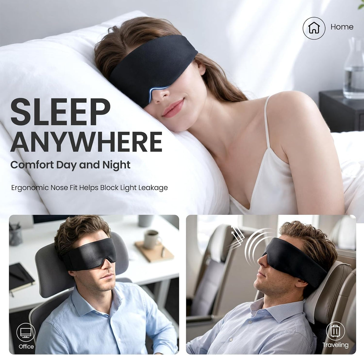 Blackout Sleep Eye Mask for Side Sleepers, Adjustable All-Season